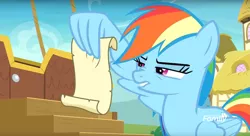 Size: 1675x909 | Tagged: confused, derpibooru import, edit, edited screencap, exploitable meme, grannies gone wild, meme, rainbow dash, rainbow dash reading a scroll, reading, safe, screencap, squint, text, vulgar, wing hands, wing hold, wings