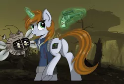 Size: 3031x2053 | Tagged: safe, artist:shadowreindeer, derpibooru import, oc, oc:littlepip, parasprite, pony, unicorn, fallout equestria, fanfic, clothes, dead tree, fanfic art, female, glowing horn, gun, handgun, horn, little macintosh, looking back, magic, mare, pipbuck, plot, revolver, ruins, solo, spritebot, telekinesis, tree, vault suit, wasteland, weapon