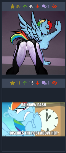 Size: 671x1544 | Tagged: questionable, artist:elzzombie, derpibooru import, edit, edited screencap, screencap, rainbow dash, anthro, derpibooru, grannies gone wild, ass up, breasts, clothes, ear piercing, female, garter belt leggings, juxtaposition, looking at you, looking back, looking back at you, meme, meta, nipple piercing, nipples, nudity, open mouth, pants, piercing, plot, self ponidox, sexy, skintight clothes, solo, solo female, spread wings, tongue piercing, wings, yoga pants
