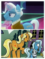 Size: 3106x4096 | Tagged: safe, derpibooru import, idw, screencap, jack pot, sunflower spectacle, trixie, pony, unicorn, grannies gone wild, spoiler:comic, spoiler:comic40, cropped, female, filly, glowing horn, jacktacle, magic, male, mare, saddle bag, stallion, telekinesis, trixie's family, trixie's parents