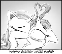 Size: 949x822 | Tagged: safe, artist:chopsticks, derpibooru import, starlight glimmer, trixie, unicorn, blushing, cheek fluff, chest fluff, descriptive noise, duo, duo female, ear fluff, female, horse noises, kissing, lesbian, monochrome, not gay but still pretty gay, shipping, startrix, surprise kiss, text