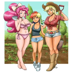 Size: 1950x1950 | Tagged: applejack, artist:king-kakapo, artist:megasweet, bandana, barefoot, belly button, belt, belt buckle, bikini, boots, bow, breasts, busty applejack, busty pinkie pie, clothes, collaboration, colored, cowboy boots, cowboy hat, daisy dukes, derpibooru import, feet, female, females only, fence, field, front knot midriff, grin, hat, height difference, human, humanized, light skin, midriff, multiple variants, pinkie pie, pink swimsuit, rainbow dash, shirt, shoes, shorts, shovel, size difference, smiling, sneakers, spade, stetson, suggestive, swimsuit, trio
