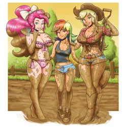 Size: 1950x1950 | Tagged: applejack, artist:king-kakapo, artist:megasweet, bandana, barefoot, belly button, belt, belt buckle, bikini, boots, bow, breasts, busty applejack, busty pinkie pie, clothes, collaboration, colored, cowboy boots, cowboy hat, daisy dukes, derpibooru import, dirty, feet, female, females only, fence, field, front knot midriff, grin, hat, human, humanized, light skin, messy, midriff, mud, muddy, multiple variants, pinkie pie, pink swimsuit, rainbow dash, shirt, shoes, shorts, shovel, smiling, sneakers, spade, stetson, suggestive, swimsuit, trio