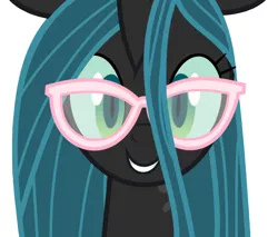 Size: 900x766 | Tagged: adorkable, bust, changeling, changeling queen, cute, cutealis, derpibooru import, dork, dorkalis, edit, female, glasses, grin, happy, implied fluffle puff, looking at you, mare, nerd, portrait, queen chrysalis, reformed, safe, simple background, smiling, solo, vector, vector edit, white background