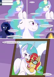 Size: 2020x2853 | Tagged: safe, artist:jase1505, deleted from derpibooru, derpibooru import, princess celestia, princess luna, sunset shimmer, alicorn, pony, unicorn, comic:night at the gala, series:sunlight horizons, adorkable, braces, comic, cup, cute, dork, epilogue, eyes closed, female, fireplace, glasses, happy, high res, hug, looking at you, magic, mare, momlestia, one eye closed, open mouth, photo, photo frame, shimmerbetes, sitting, teacup, telekinesis, younger