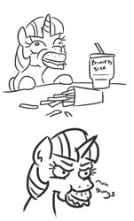 Size: 436x721 | Tagged: safe, artist:jargon scott, derpibooru import, twilight sparkle, twilight sparkle (alicorn), alicorn, pony, black and white, bust, comic, dialogue, eating, fast food, female, food, french fries, grayscale, majestic as fuck, mare, monochrome, simple background, soda, solo, twilight burgkle, white background