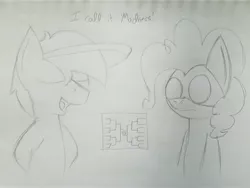 Size: 4032x3024 | Tagged: safe, artist:toonboy92484, derpibooru import, pinkie pie, oc, earth pony, pony, chalkzone, dialogue, duo, eyes closed, female, grayscale, male, mare, mask, monochrome, stallion, traditional art