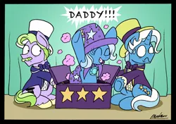 Size: 2464x1733 | Tagged: safe, artist:bobthedalek, derpibooru import, big bucks, jack pot, trixie, earth pony, pony, unicorn, grannies gone wild, clothes, cute, dialogue, diatrixes, eyes closed, father and daughter, female, frown, inconvenient trixie, magic show, magic trick, male, mare, oh crap face, smiling, stallion, sweat, that was fast