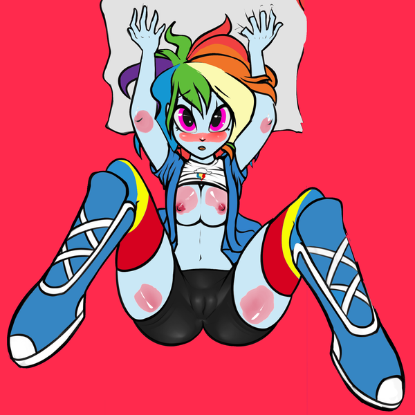 Size: 2000x2000 | Tagged: questionable, artist:elzzombie, color edit, derpibooru import, edit, editor:the dreaded, rainbow dash, equestria girls, blushing, breasts, cameltoe, clothes, colored, female, looking at you, nipples, nudity, on back, pillow, shirt, shirt lift, solo, solo female, spread legs, spreading