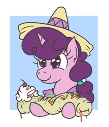 Size: 566x658 | Tagged: safe, artist:jargon scott, derpibooru import, sugar belle, pony, unicorn, burrito, bust, dessert, female, food, hoof hold, ice cream, mare, solo, sombrero, this will end in diabetes, whipped cream