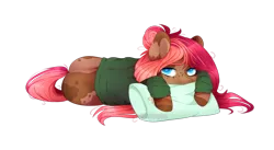 Size: 1024x561 | Tagged: safe, artist:itsizzybel, derpibooru import, oc, oc:ruef, earth pony, pony, clothes, female, mare, pillow, prone, shirt, simple background, solo, transparent background