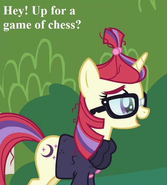 Size: 648x720 | Tagged: safe, derpibooru import, edit, edited screencap, screencap, moondancer, pony, unicorn, amending fences, adorkable, bronybait, chess, clothes, cropped, cute, dancerbetes, dork, female, glasses, mare, open mouth, sweater, text