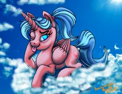 Size: 1600x1236 | Tagged: safe, artist:amalgamzaku, derpibooru import, oc, oc:saphire systrine, unofficial characters only, alicorn, cloud, one eye closed, solo, tongue out, wink