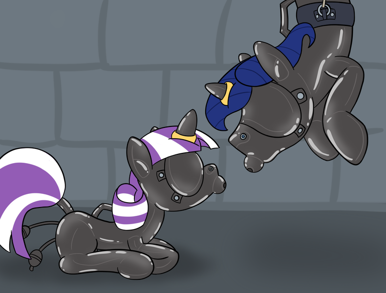 Size: 2048x1556 | Tagged: questionable, alternate version, artist:wingcommanderrudoji, derpibooru import, night light, twilight velvet, pony, unicorn, ballgag, blindfold, bondage, cradle suit, duo, ear plugs, encasement, female, gag, harness, horn ring, husband and wife, inflatable plug, latex, latex suit, magic suppression, male, rubber, sensory deprivation, suspended, tack, tail wrap