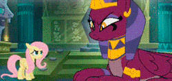 Size: 300x142 | Tagged: safe, derpibooru import, screencap, fluttershy, sphinx (character), pegasus, pony, sphinx, animated, ear twitch, female, gameloft, gif, gif for breezies, headdress, mare, picture for breezies, stare, the stare