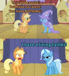 Size: 1280x1418 | Tagged: abuse, applejack, boast busters, burn, cape, clothes, comic, dark comedy, dead parents, derpibooru import, edit, edited screencap, exclamation point, facehoof, grannies gone wild, hat, image macro, implied jack pot, jackabuse, meme, my parents are dead, now you fucked up, safe, savage, screencap, shots fired, stage, trixie, trixie's cape, trixie's hat, trixie yells at everything, we are going to hell