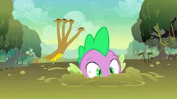 Size: 1440x809 | Tagged: derpibooru import, dragon, feeling pinkie keen, froggy bottom bog, hydra, multiple heads, safe, screencap, sinking, spike, splashing, swamp