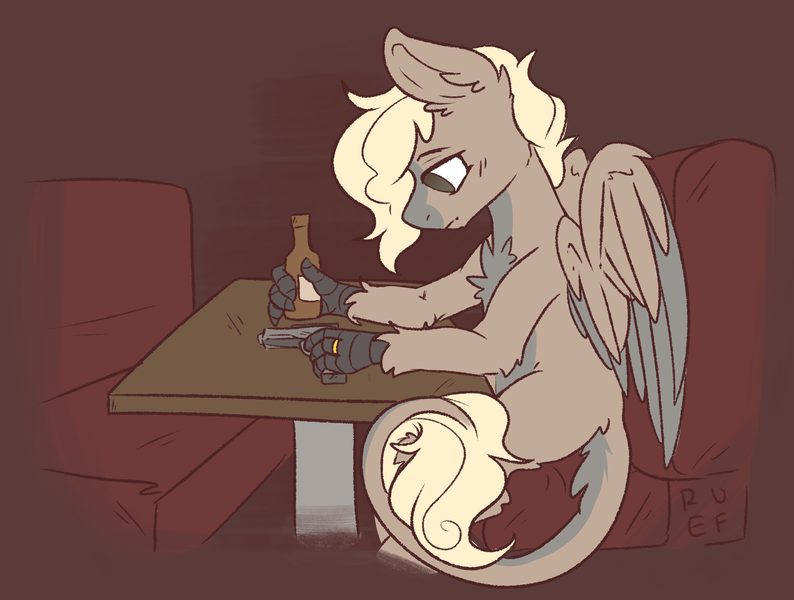 Size: 3673x2776 | Tagged: alcohol, artist:ruef, bar, beer, booth, depressed, derpibooru import, flat colors, grabby boi, gun, handgun, hippogriff, hooves, male, no trigger discipline, oc, oc:yellow, pistol, sad, semi-grimdark, sitting, solo, unofficial characters only, weapon, wings
