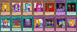 Size: 1024x426 | Tagged: safe, artist:wubcakeva, derpibooru import, edit, adagio dazzle, aria blaze, sonata dusk, oc, oc:collapsia slash, oc:contralto, oc:cupcake slash, siren, equestria girls, card, custom, irl, photo, the dazzlings, toy, trading card, yu-gi-oh!