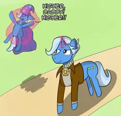 Size: 3109x2989 | Tagged: artist:artiks, cape, clothes, derpibooru import, dialogue, female, filly, filly trixie, grannies gone wild, hat, jack pot, levitation, magic, safe, telekinesis, trixie, trixie's cape, trixie's hat, younger