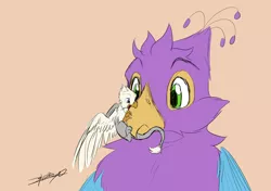 Size: 4680x3300 | Tagged: safe, artist:gyrotech, artist:xeirla, color edit, deleted from derpibooru, derpibooru import, edit, oc, oc:der, oc:gyro feather, oc:gyro tech, unofficial characters only, gryphon, colored, griffonized, micro, sketch, species swap