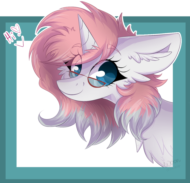 Size: 1286x1243 | Tagged: safe, artist:woonborg, derpibooru import, oc, oc:kasaimo, unofficial characters only, pony, unicorn, bust, cheek fluff, chest fluff, ear fluff, female, fluffy, glasses, looking at you, mare, picture frame, portrait, signature, simple background, smiling, solo, talking to viewer, transparent background