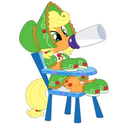 Size: 5362x5883 | Tagged: abdl, absurd resolution, adult foal, applejack, artist:evilfrenzy, baby bottle, bonnet, booties, clothes, cute, derpibooru import, diaper, diaper fetish, dress, editor:wandering pigeon, feeding, fetish, highchair, jackabetes, poofy diaper, simple background, suggestive, transparent background