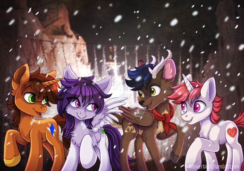 Size: 1024x717 | Tagged: safe, artist:ketty, derpibooru import, oc, oc:arny, unofficial characters only, deer, pegasus, pony, reindeer, unicorn, clothes, colored hooves, derpfest, horn, mountain, neckerchief, pegasus oc, raised hoof, scarf, snow, unicorn oc, unshorn fetlocks, wings