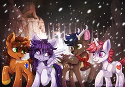 Size: 1024x717 | Tagged: safe, artist:ketty, derpibooru import, oc, oc:arny, unofficial characters only, deer, pegasus, pony, reindeer, unicorn, clothes, colored hooves, derpfest, horn, mountain, neckerchief, pegasus oc, raised hoof, scarf, snow, unicorn oc, unshorn fetlocks, wings
