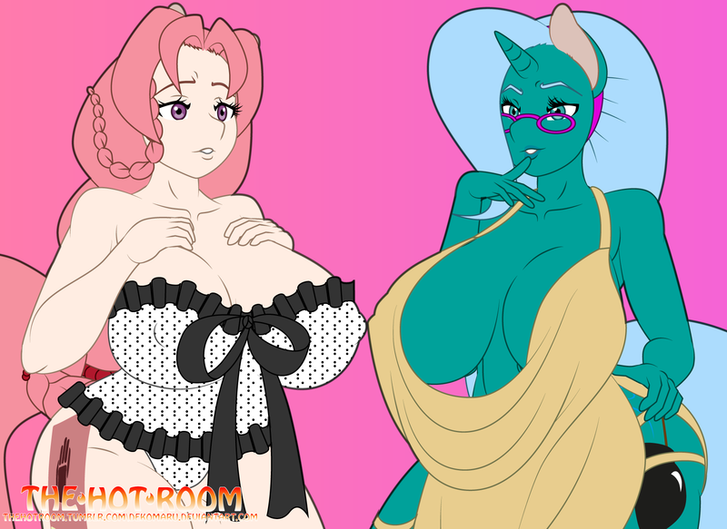 Size: 1828x1332 | Tagged: suggestive, artist:dekomaru, derpibooru import, oc, oc:elven haze, oc:hazel lulamoon, unofficial characters only, anthro, unicorn, absolute cleavage, anthro oc, big breasts, breasts, cleavage, clothes, dress, duo, duo female, erect nipples, female, gilf, glasses, huge breasts, mare, milf, nipple outline, pink background, sideboob, simple background