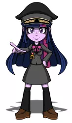 Size: 550x942 | Tagged: safe, artist:pedantczepialski, derpibooru import, part of a set, twilight sparkle, equestria girls, alternate universe, bad idea, bad influence, clothes, cute, daaaaaaaaaaaw, doll, eqg:tps minis, equestria girls minis, equestria girls: the parody series, evil twilight, happy, hat, looking at you, peaked cap, pointing, racism, simple background, skirt, smiling, solo, toy, twiabetes, uniform, white background