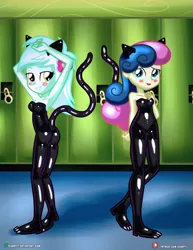 Size: 3090x4000 | Tagged: suggestive, artist:dieart77, derpibooru import, bon bon, lyra heartstrings, sweetie drops, equestria girls, armpits, ass, blushing, boobs and butt pose, breasts, canterlot high, cat ears, cat tail, catsuit, clothes, commission, duo, duo female, female, hallway, latex, latex suit, lockers, open mouth