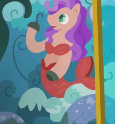 Size: 1005x1080 | Tagged: amputee, backdrop, bikini, clothes, cropped, derpibooru import, grannies gone wild, hook hand, mermaid, merpony, prosthetics, rock, safe, scenery, screencap, sight gag, stage, swimsuit, wave