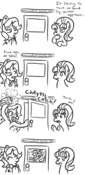 Size: 646x1322 | Tagged: safe, artist:jargon scott, derpibooru import, queen chrysalis, starlight glimmer, trixie, changeling, changeling queen, pony, unicorn, abuse, angry, annoyed, bug bomb, bug spray, chrysabuse, classroom, comic, crying, description is relevant, dialogue, door, ear fluff, eyes closed, female, frown, glare, hoof hold, lidded eyes, male, mare, monochrome, pesticide, raised hoof, reformation, simple background, smiling, this will end in tears and/or death, tongue out, unamused, underhoof, white background, wide eyes, window