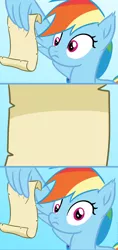 Size: 1140x2424 | Tagged: artist:saphire-systrine, blank, comic, derpibooru import, grannies gone wild, image macro, meme, message, rainbow dash, rainbow dash reading a scroll, rainbow dash reading a scroll original, safe, scroll, solo, template