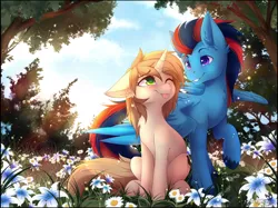 Size: 1024x766 | Tagged: safe, artist:teranen, derpibooru import, oc, oc:andrew swiftwing, oc:clouded wisp, unofficial characters only, pegasus, pony, unicorn, :p, anded, blushing, chest fluff, cute, daaaaaaaaaaaw, ear fluff, eye contact, female, field, floppy ears, flower, happy, looking at each other, male, oc x oc, one eye closed, outdoors, shipping, silly, sitting, spread wings, straight, tongue out, tree, unshorn fetlocks, wings, ych result