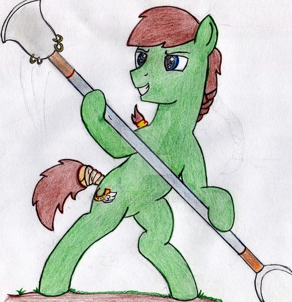 Size: 900x931 | Tagged: artist:drcool13, bad anatomy, derpibooru import, male, monk spade, oc, oc:swift stride, safe, simple background, solo, stallion, traditional art, unofficial characters only, watermark, weapon, white background