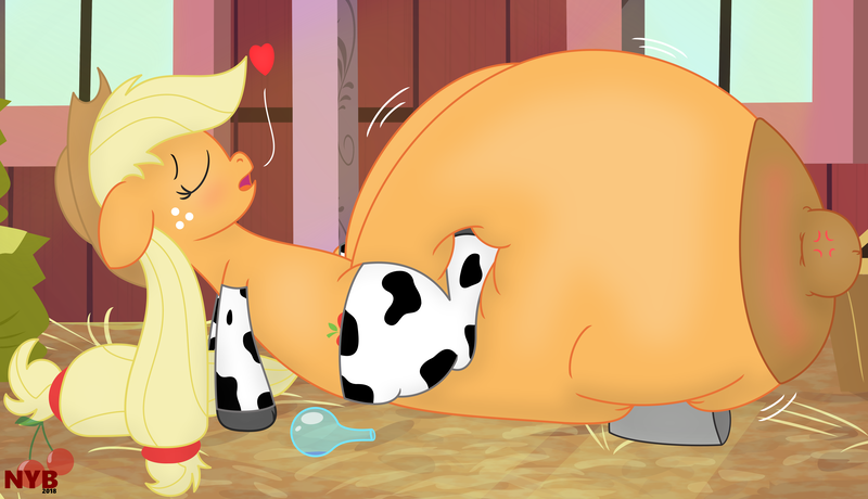 Size: 5120x2945 | Tagged: applejack, artist:notyobizz, bucket, clothes, cowprint, cross-popping veins, crotchboob expansion, crotchboobs, crotchboobs on floor, derpibooru import, female, growth, heart, impossibly large crotchboobs, nipples, nudity, potion, questionable, socks, solo, solo female, this will end in explosions