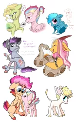 Size: 1024x1638 | Tagged: safe, artist:loryska, derpibooru import, oc, oc:bastion, oc:conundrum solar flare, oc:janus, oc:larkspur, oc:linzer torte, oc:plumeria, unofficial characters only, alicorn, bat pony, bat pony alicorn, draconequus, earth pony, hybrid, pegasus, pony, snake, unicorn, colt, female, filly, fluffy, interspecies offspring, magical gay spawn, male, offspring, parent:derpy hooves, parent:discord, parent:doctor whooves, parent:fluttershy, parent:party favor, parent:pinkie pie, parent:princess luna, parent:quibble pants, parent:rainbow dash, parent:trenderhoof, parent:zephyr breeze, parents:discoshy, parents:doctorderpy, parents:partypie, parents:quibbledash, parents:trenderbreeze