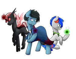 Size: 1600x1236 | Tagged: safe, artist:firepetalfox, derpibooru import, oc, oc:fngr, oc:vidapony, unofficial characters only, changeling, earth pony, pony, cape, clothes, orb, red changeling, scarf, simple background, transparent background, youtuber