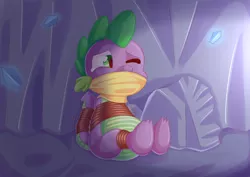 Size: 3496x2476 | Tagged: artist:kirbysquad101, bondage, bound and gagged, bound tail, cave, cloth gag, commission, crying, crystal, derpibooru import, dragon, dragon in distress, gag, high res, no more ponies at source, one eye closed, rope, safe, sitting, solo, spike, squirming, teary eyes, tied up