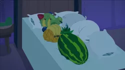 Size: 1920x1080 | Tagged: banana, bed, derpibooru import, food, grannies gone wild, melon, no pony, pear, pillow, pineapple, safe, screencap, strawberry, watermelon
