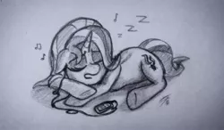 Size: 2459x1440 | Tagged: safe, artist:palmartz44, derpibooru import, starlight glimmer, pony, unicorn, earbuds, eyes closed, female, hat, lying down, mare, mp3 player, nightcap, sleeping, solo, traditional art, zzz