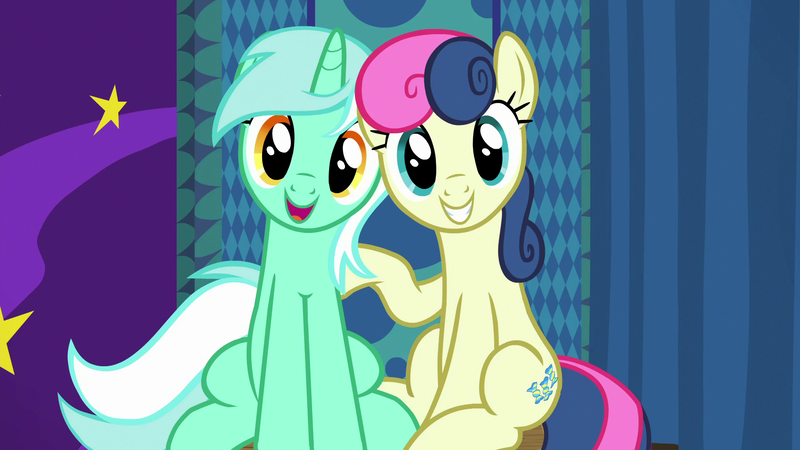 Size: 1920x1080 | Tagged: safe, derpibooru import, screencap, bon bon, lyra heartstrings, sweetie drops, earth pony, pony, unicorn, grannies gone wild, adorabon, best friends, booth, cute, duo, duo female, female, grin, head tilt, looking at you, lyrabetes, mare, open mouth, raised hoof, sitting, smiling, squee