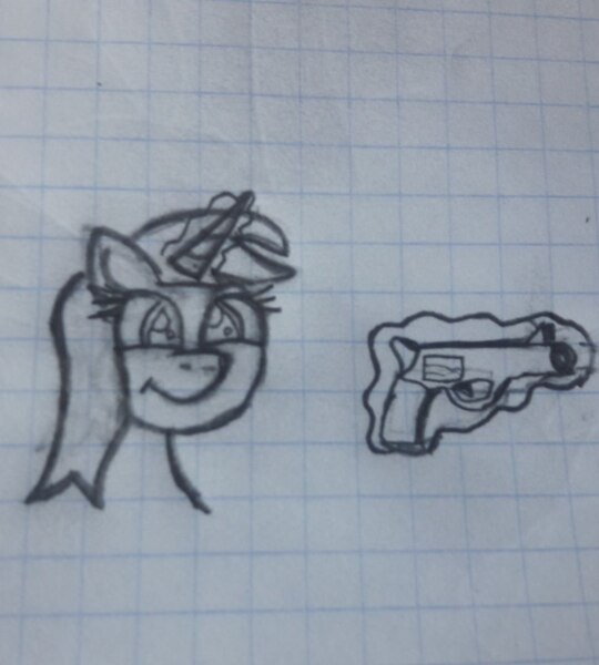 Size: 972x1080 | Tagged: safe, derpibooru import, oc, oc:littlepip, unofficial characters only, pony, unicorn, fallout equestria, fanfic, black and white, bust, fanfic art, female, glowing horn, graph paper, grayscale, gun, handgun, horn, levitation, magic, mare, monochrome, pistol, portrait, simple background, smiling, solo, telekinesis, traditional art, weapon, white background