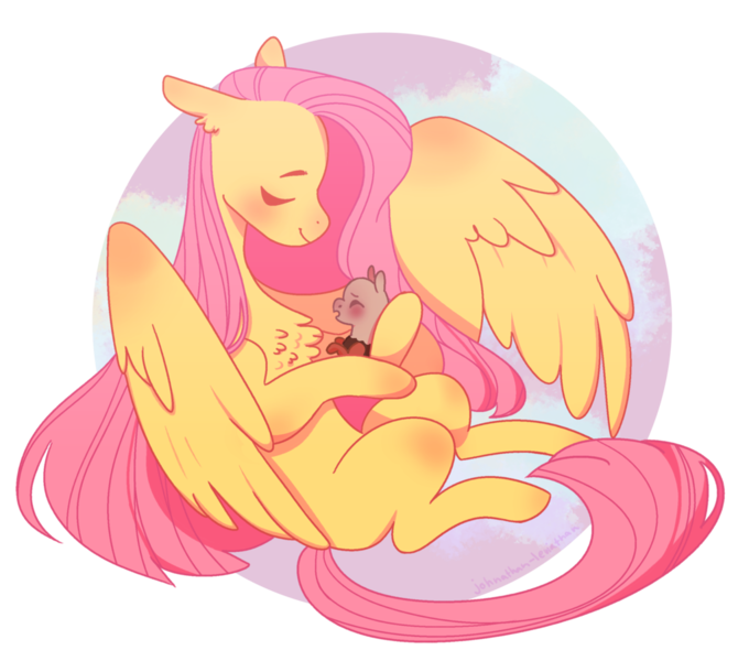 Size: 1024x903 | Tagged: safe, artist:johnathan-leviathan, derpibooru import, fluttershy, oc, oc:soothing breeze, hybrid, pegasus, pony, chest fluff, cute, duo, ear fluff, eyes closed, female, fluttermom, hoof hold, interspecies offspring, mama fluttershy, mare, missing cutie mark, motherly, ocbetes, offspring, parent:discord, parent:fluttershy, parents:discoshy, shyabetes, simple background, smiling, spread wings, story included, transparent background, wings