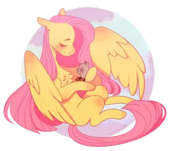 Size: 1024x903 | Tagged: safe, artist:johnathan-leviathan, derpibooru import, fluttershy, oc, oc:soothing breeze, hybrid, pegasus, pony, chest fluff, cute, duo, ear fluff, eyes closed, female, fluttermom, hoof hold, interspecies offspring, mama fluttershy, mare, missing cutie mark, motherly, ocbetes, offspring, parent:discord, parent:fluttershy, parents:discoshy, shyabetes, simple background, smiling, spread wings, story included, transparent background, wings