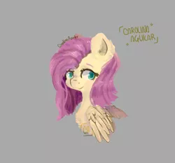 Size: 1573x1464 | Tagged: safe, artist:icecreamsandwich12, derpibooru import, fluttershy, pegasus, pony, alternate hairstyle, bust, female, gray background, looking at you, mare, portrait, short mane, simple background, smiling, solo, wings