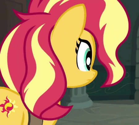 Size: 450x405 | Tagged: safe, derpibooru import, screencap, sunset shimmer, pony, unicorn, equestria girls, equestria girls series, forgotten friendship, most likely to be forgotten, animated, cropped, female, gif, looking at you, looking back, looking back at you, mare, pouting, solo, unamused