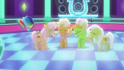 Size: 1920x1080 | Tagged: safe, derpibooru import, screencap, apple rose, auntie applesauce, goldie delicious, granny smith, rainbow dash, earth pony, pegasus, pony, grannies gone wild, dance club, elderly, female, gold horseshoe gals, mare, plumbob